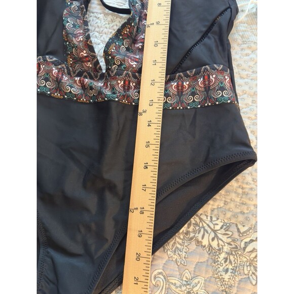 Cupshe NWT LG One Piece Black Low Plunge Halter Boho Open Back Y2K Paisley Trim - Picture 8 of 15